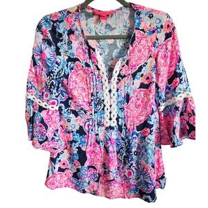 Lilly Pulitzer Top XXS Hollie Floral Print 3/4‎ Sleeve VNeck Blouse Colorful NEW